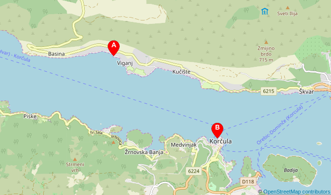 Map of ferry route between Viganj and Korcula
